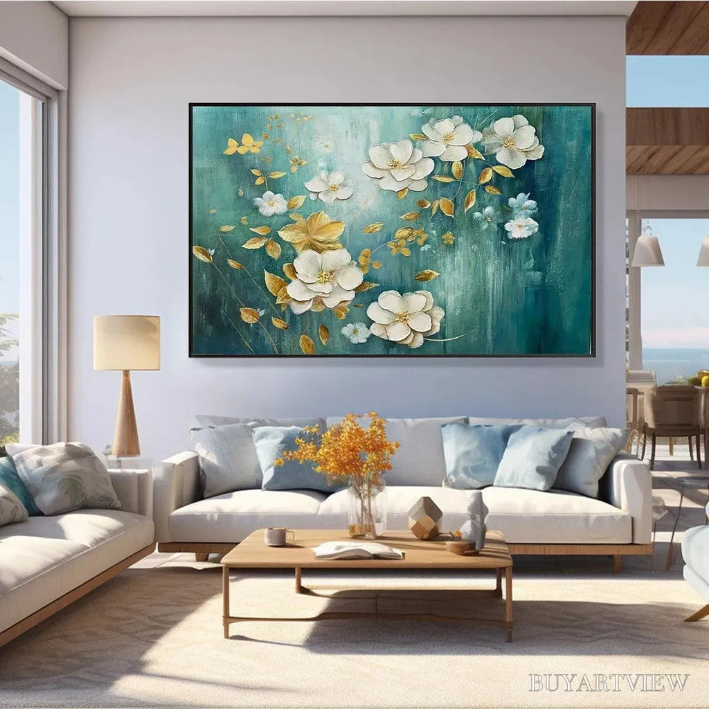 ARTOVITAS Golden Garden – White and Gold Floral Painting, Teal Green Background , Horizontal Canvas, Impressionist Decor - image 2