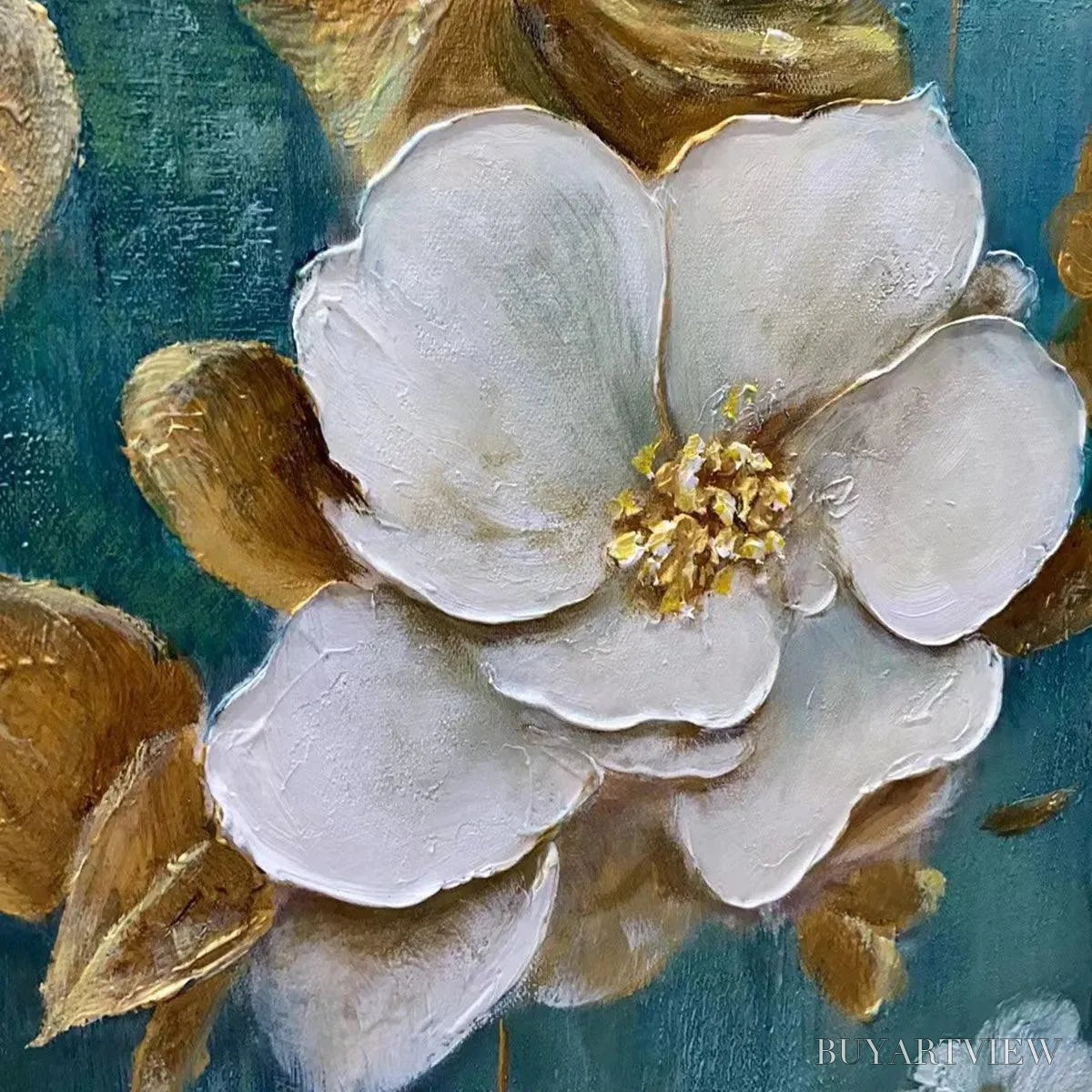 ARTOVITAS Golden Garden – White and Gold Floral Painting, Teal Green Background , Horizontal Canvas, Impressionist Decor - image 3