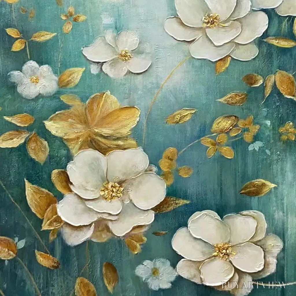 ARTOVITAS Golden Garden – White and Gold Floral Painting, Teal Green Background , Horizontal Canvas, Impressionist Decor - image 4
