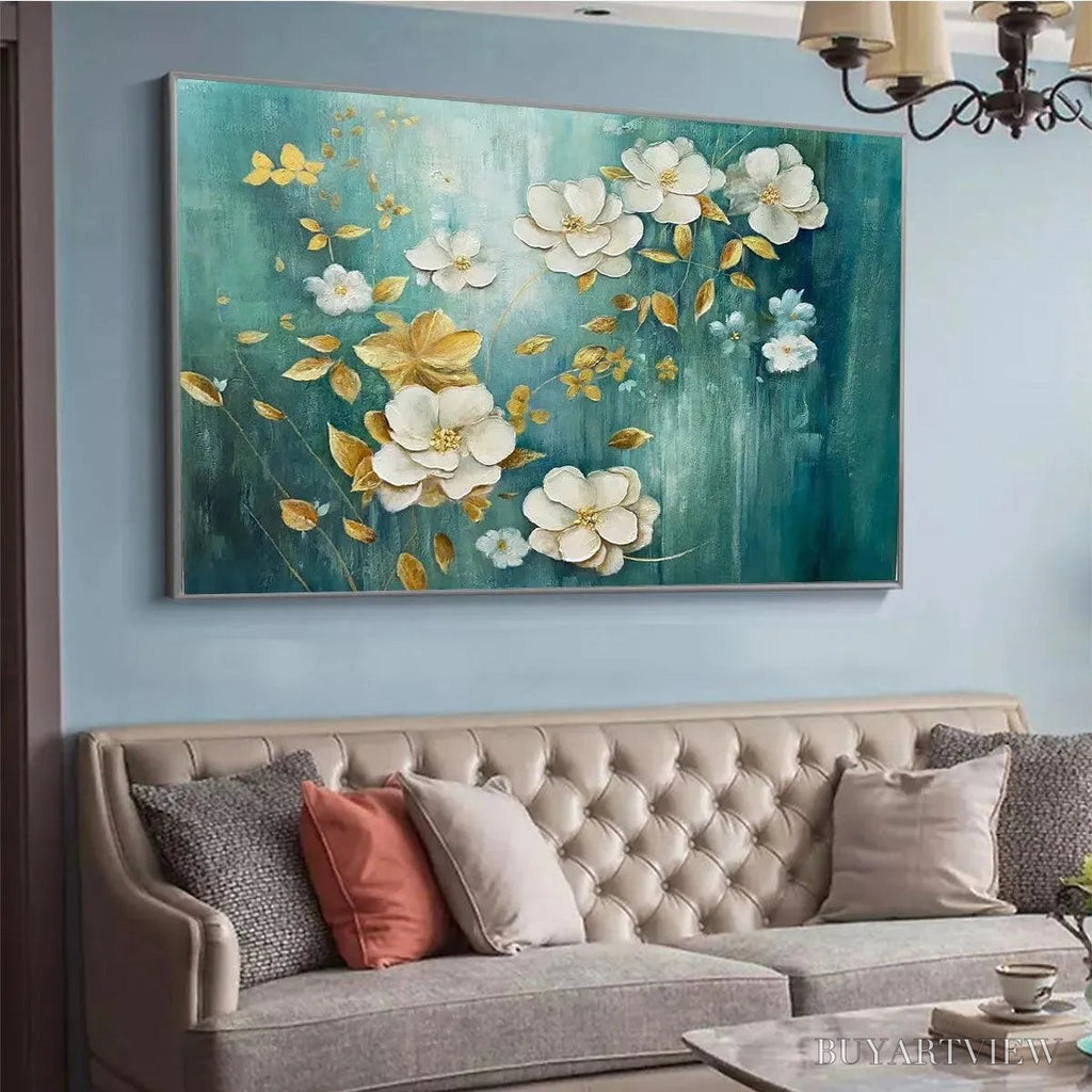 ARTOVITAS Golden Garden – White and Gold Floral Painting, Teal Green Background , Horizontal Canvas, Impressionist Decor - image 5