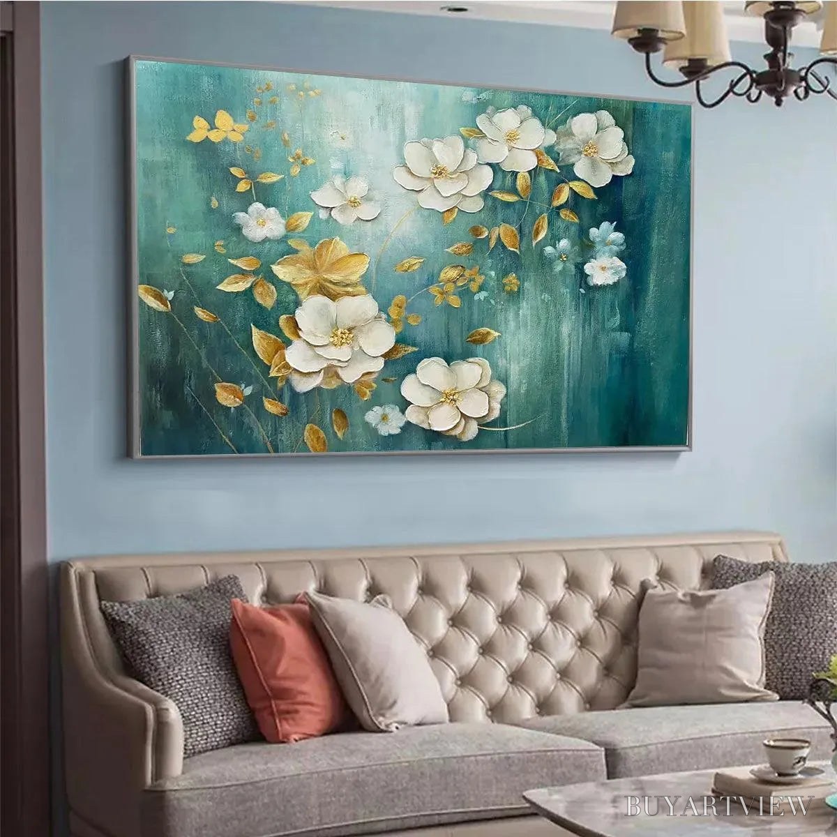 ARTOVITAS Golden Garden – White and Gold Floral Painting, Teal Green Background , Horizontal Canvas, Impressionist Decor - image 5