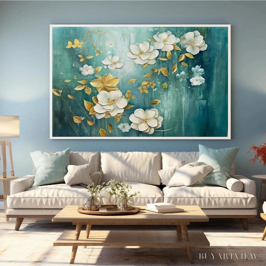ARTOVITAS Golden Garden – White and Gold Floral Painting, Teal Green Background , Horizontal Canvas, Impressionist Decor - image 6