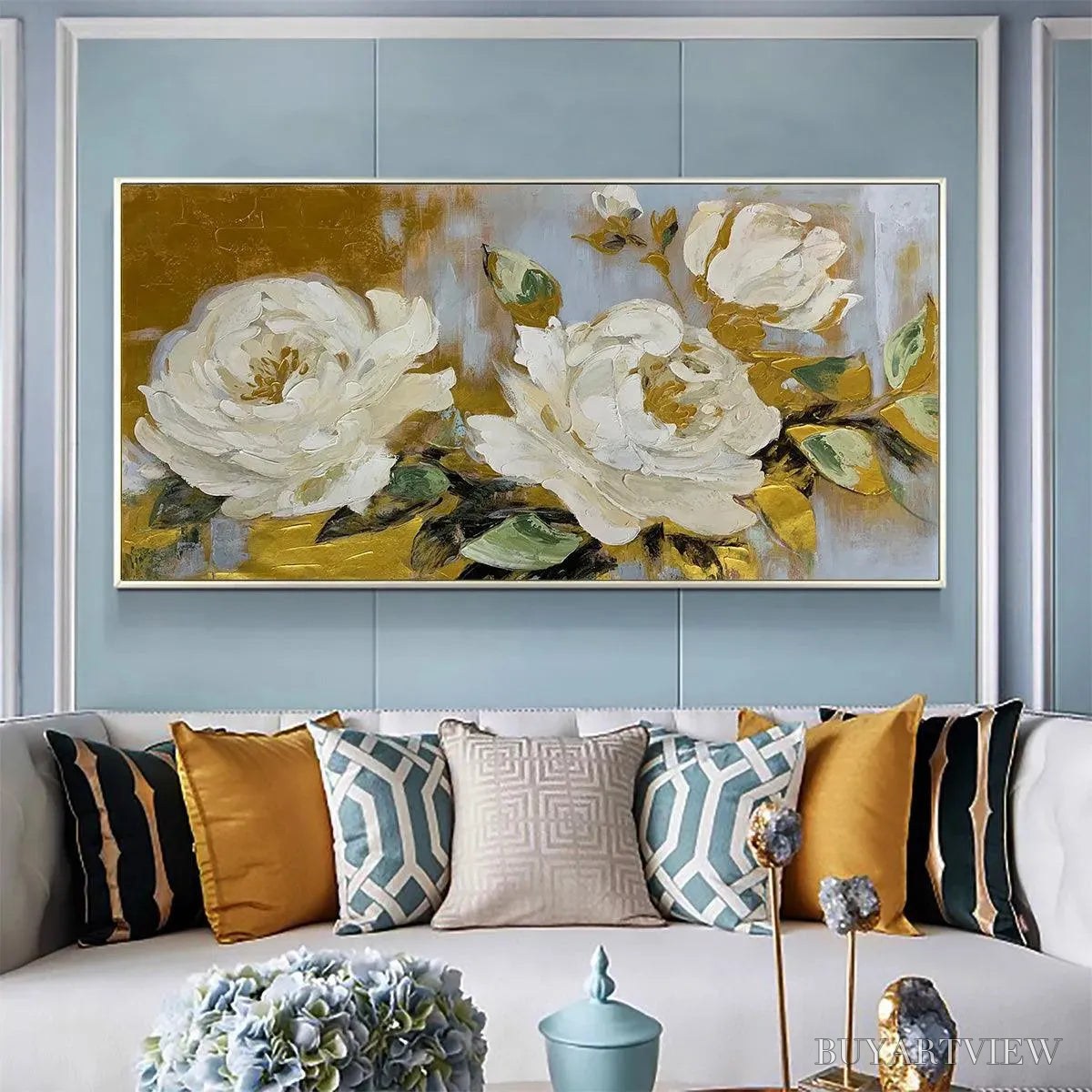 ARTOVITAS Golden Whispers – White Floral Painting with Gold Accents, Panoramic Canvas, Elegant - image 2