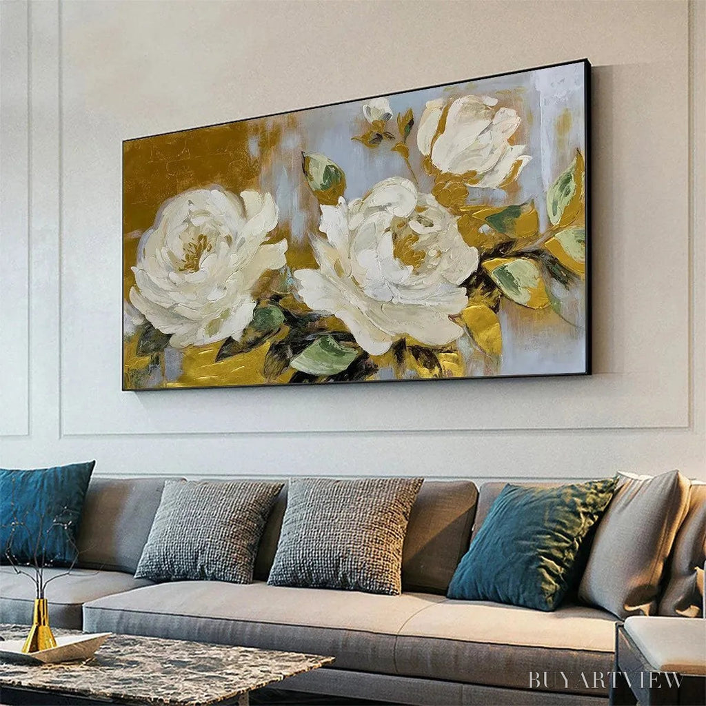 ARTOVITAS Golden Whispers – White Floral Painting with Gold Accents, Panoramic Canvas, Elegant - image 4