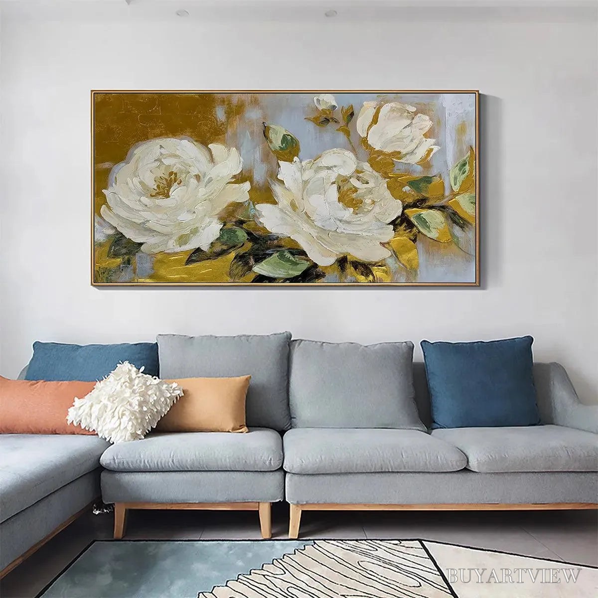 ARTOVITAS Golden Whispers – White Floral Painting with Gold Accents, Panoramic Canvas, Elegant - image 5