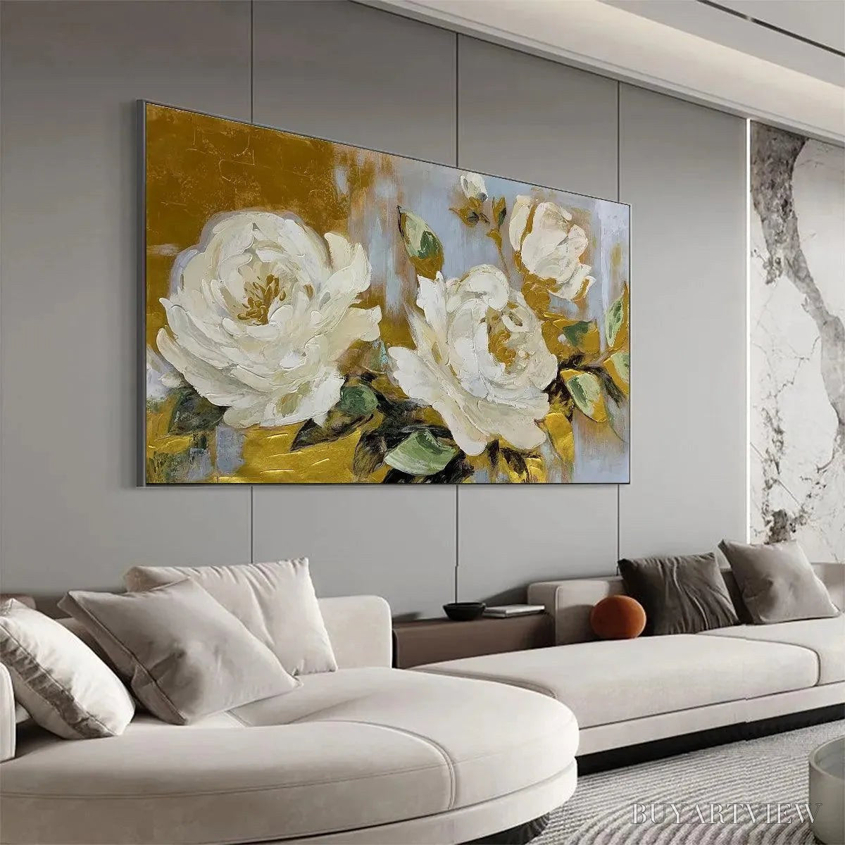 ARTOVITAS Golden Whispers – White Floral Painting with Gold Accents, Panoramic Canvas, Elegant - image 6