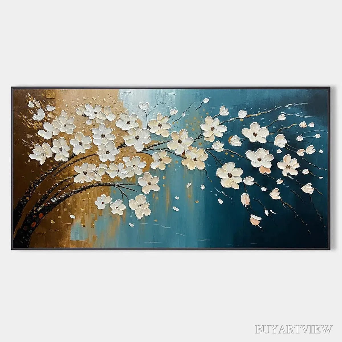 ARTOVITAS Hand-Painted Floral Tree Oil Painting - Blue & Gold - image 1