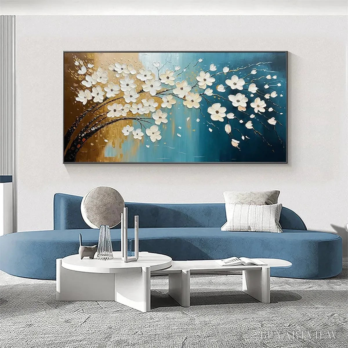 ARTOVITAS Hand-Painted Floral Tree Oil Painting - Blue & Gold - image 2