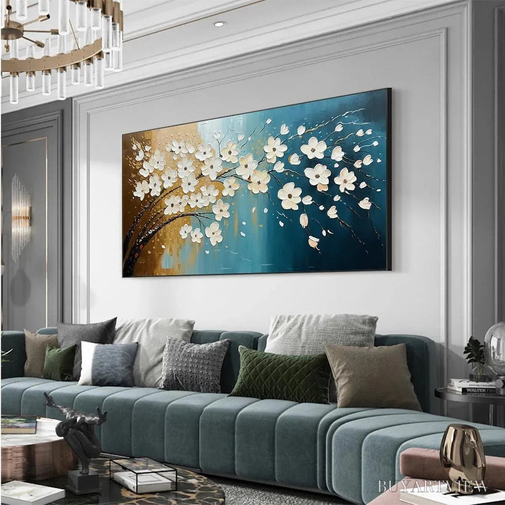 ARTOVITAS Hand-Painted Floral Tree Oil Painting - Blue & Gold - image 4