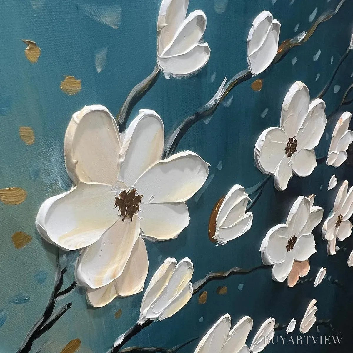 ARTOVITAS Hand-Painted Floral Tree Oil Painting - Blue & Gold - image 5