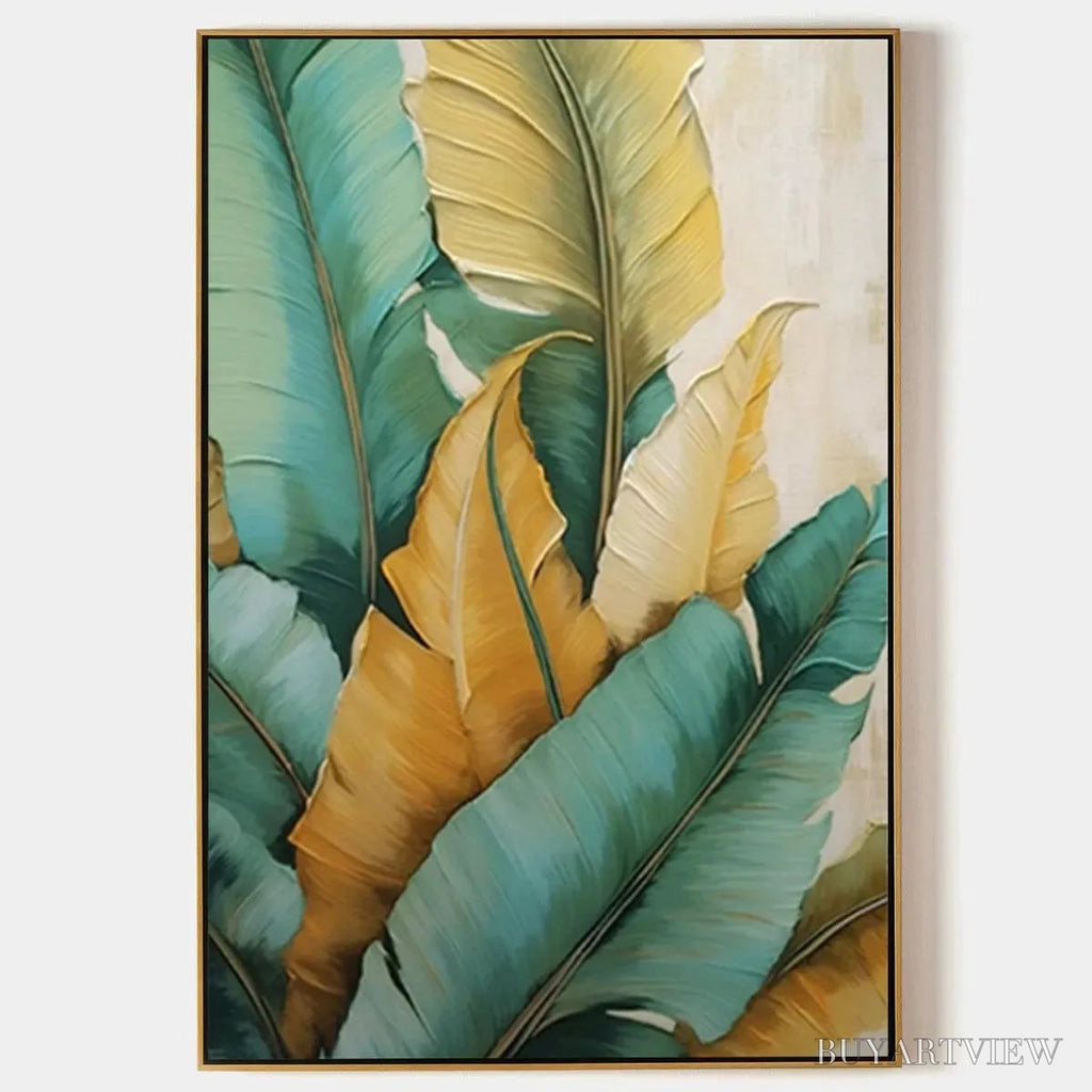 ARTOVITAS Tropical Abundance – Textured Tropical Leaves Painting, Green and Gold , Vertical Canvas, Botanical Decor - image 1