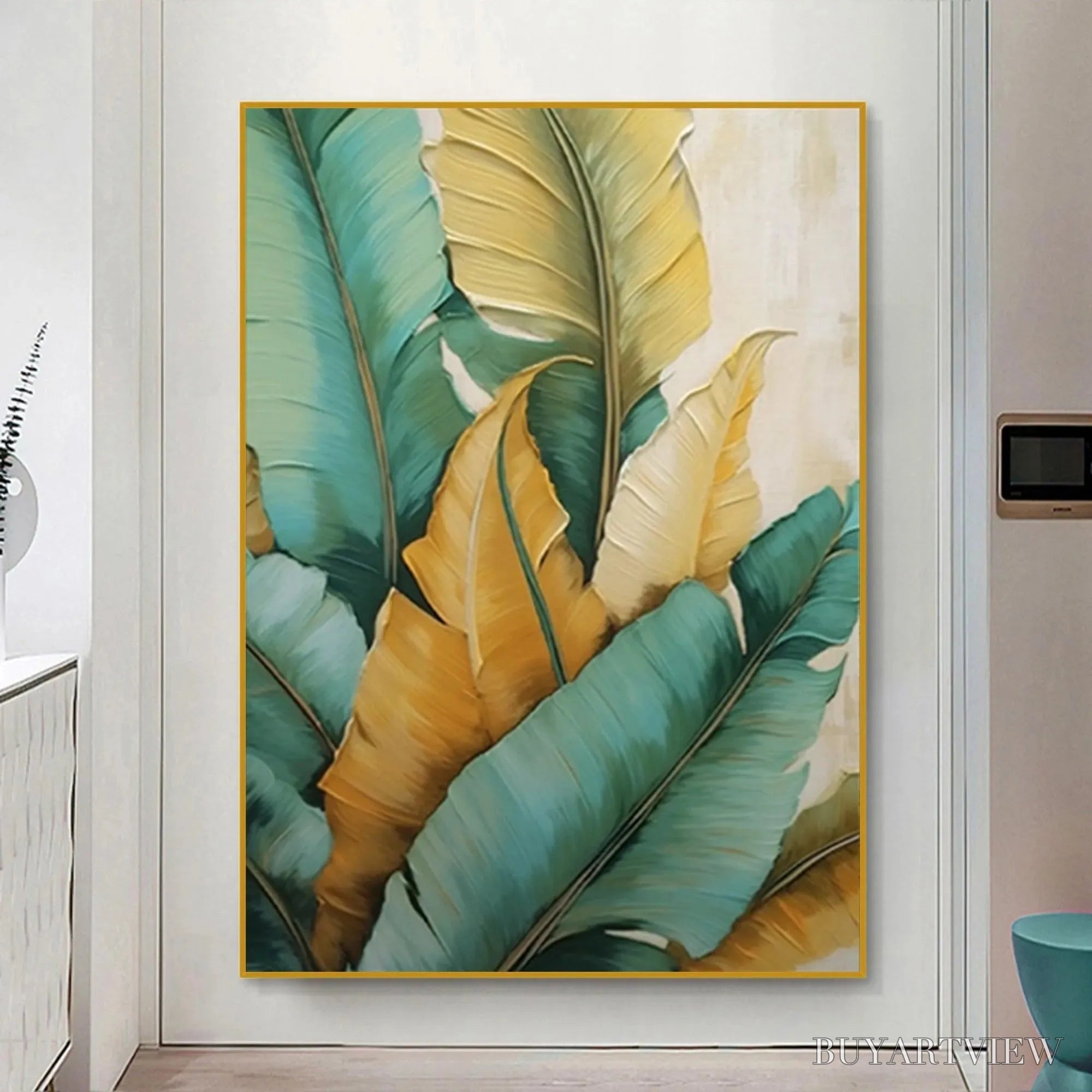ARTOVITAS Tropical Abundance – Textured Tropical Leaves Painting, Green and Gold , Vertical Canvas, Botanical Decor - image 2