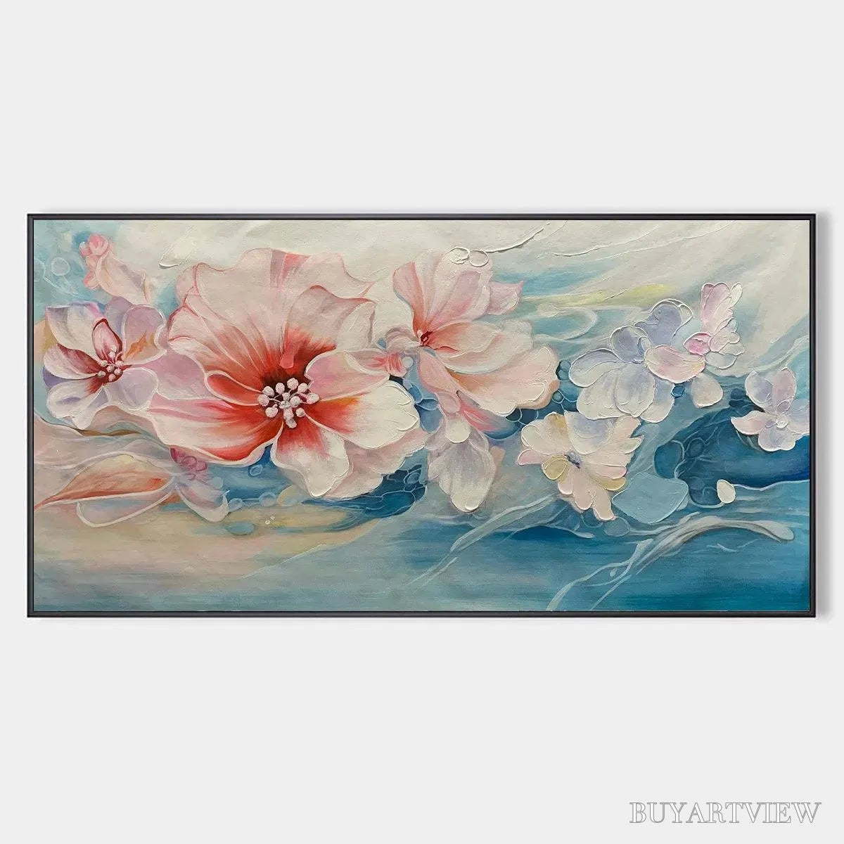 ARTOVITAS Blushing Blooms – Panoramic Floral Painting in Pink and Blue, Modern Impressionist - image 1