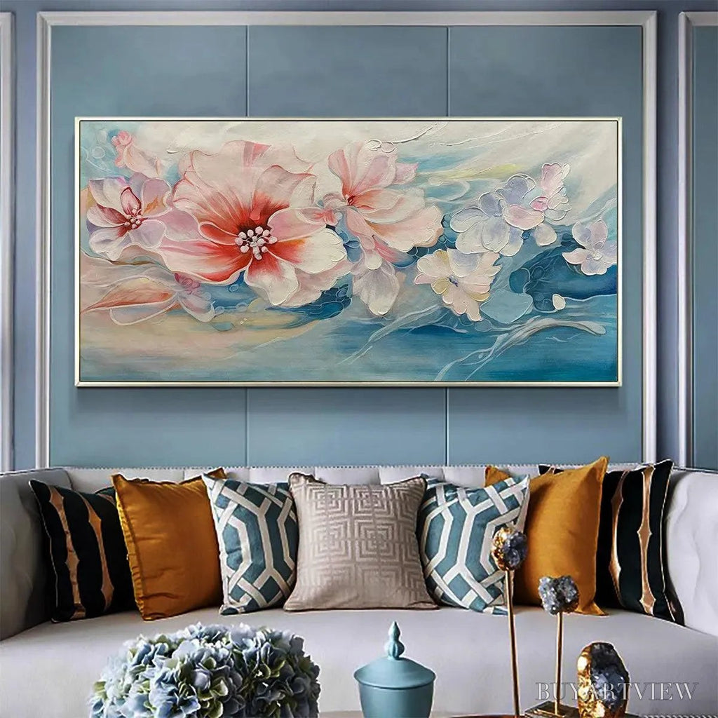 ARTOVITAS Blushing Blooms – Panoramic Floral Painting in Pink and Blue, Modern Impressionist - image 2