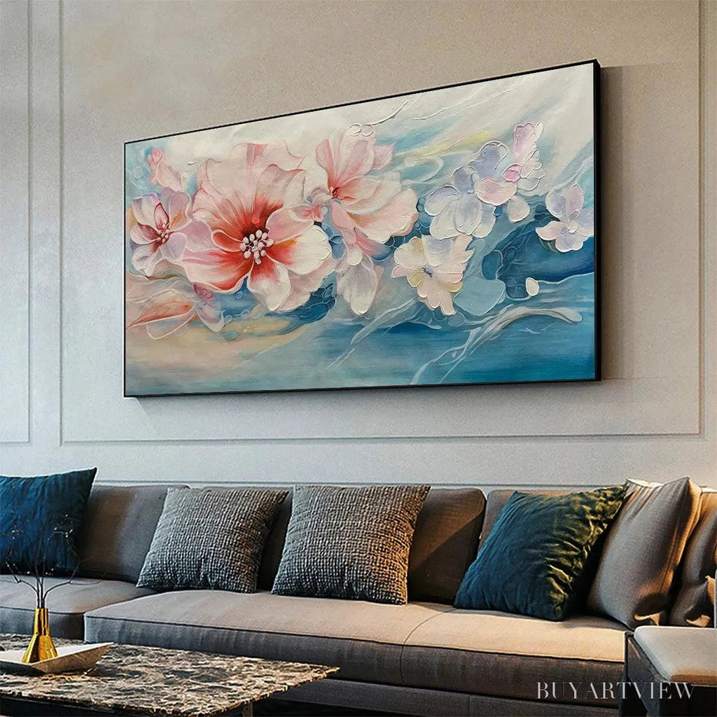 ARTOVITAS Blushing Blooms – Panoramic Floral Painting in Pink and Blue, Modern Impressionist - image 4