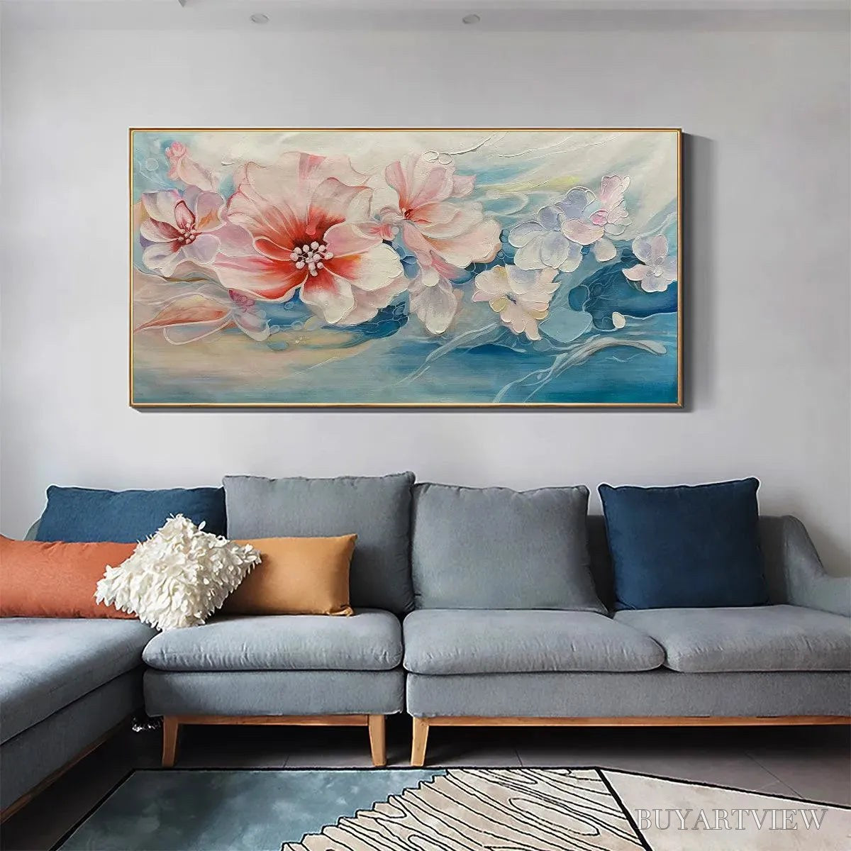 ARTOVITAS Blushing Blooms – Panoramic Floral Painting in Pink and Blue, Modern Impressionist - image 5