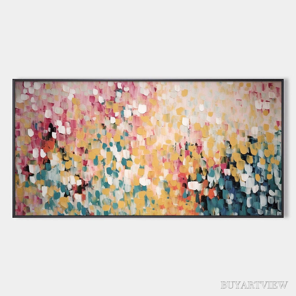 ARTOVITAS Confetti Garden – Abstract Floral Painting in Pink, Yellow, and Teal, Panoramic Canvas, Modern - image 1