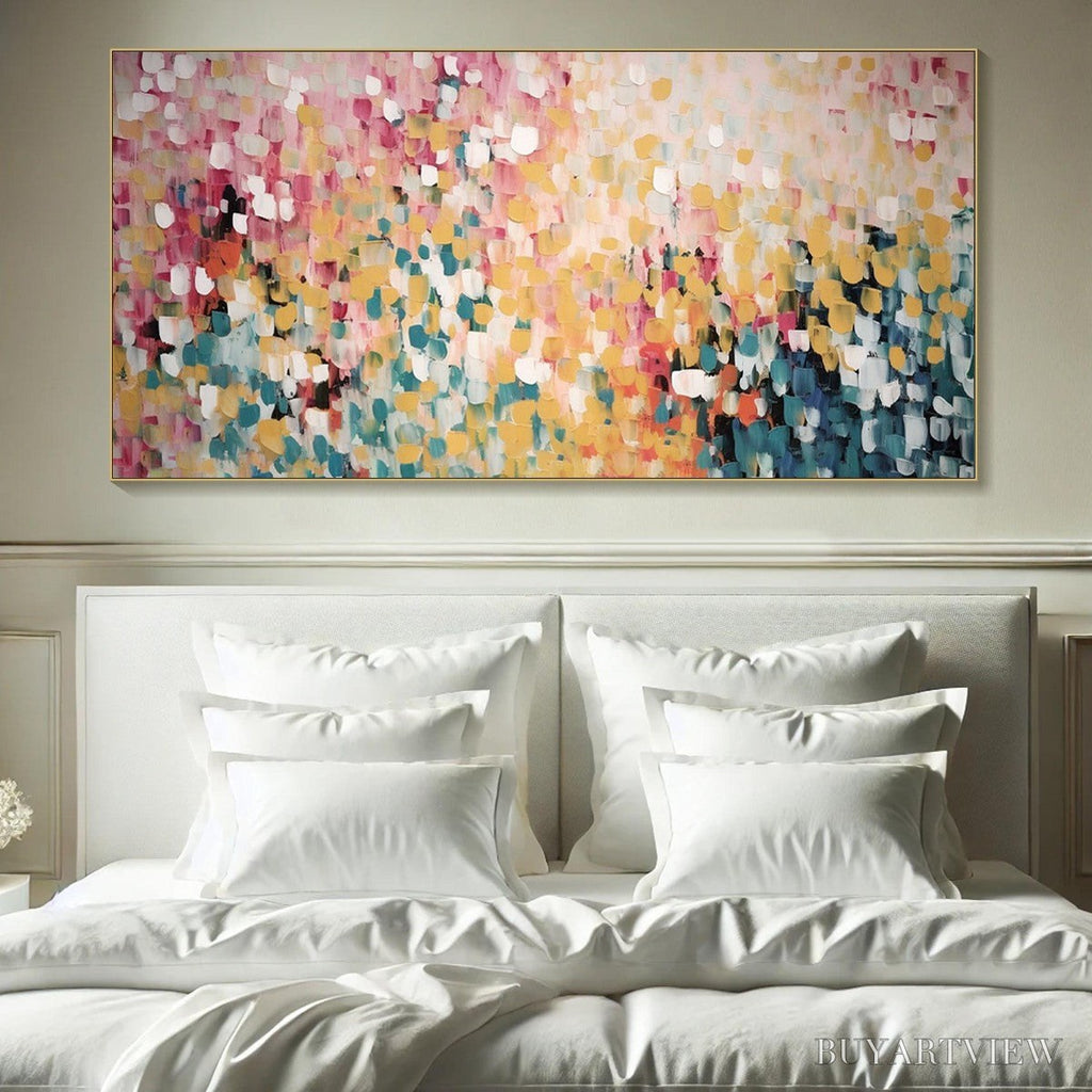 ARTOVITAS Confetti Garden – Abstract Floral Painting in Pink, Yellow, and Teal, Panoramic Canvas, Modern - image 2