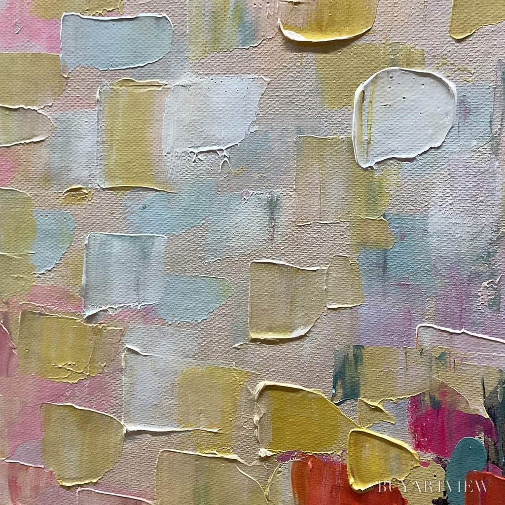 ARTOVITAS Confetti Garden – Abstract Floral Painting in Pink, Yellow, and Teal, Panoramic Canvas, Modern - image 3