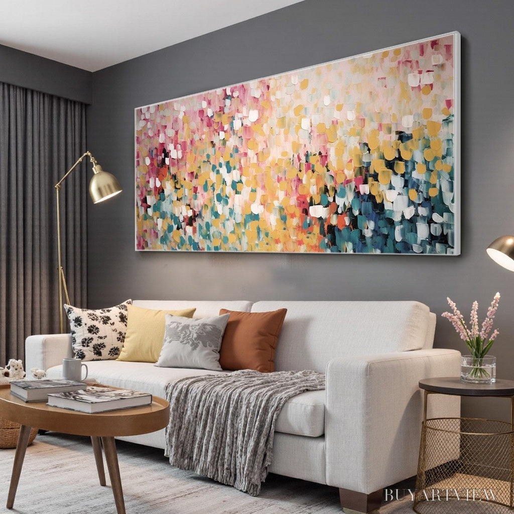 ARTOVITAS Confetti Garden – Abstract Floral Painting in Pink, Yellow, and Teal, Panoramic Canvas, Modern - image 4