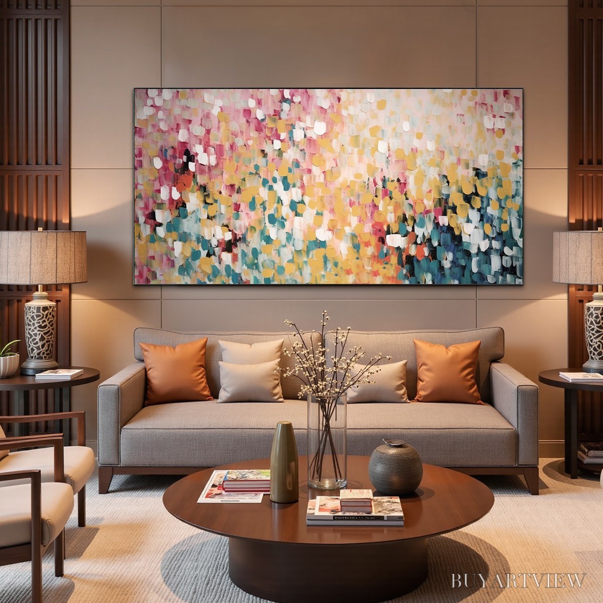 ARTOVITAS Confetti Garden – Abstract Floral Painting in Pink, Yellow, and Teal, Panoramic Canvas, Modern - image 5
