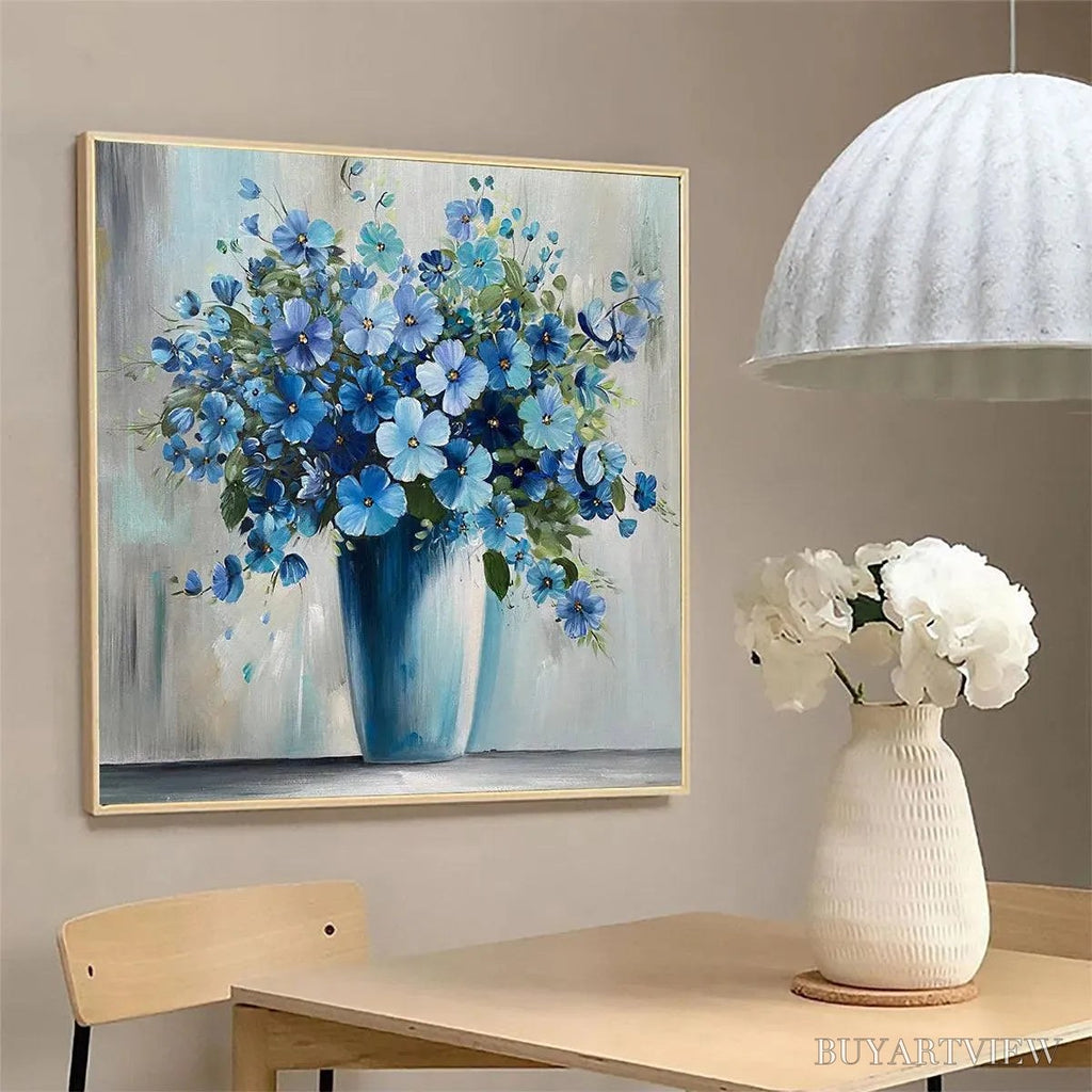 ARTOVITAS Blue Serenity – Blue Floral Painting, Square Canvas Art, Still Life Wall Decor, Calming Artwork - image 4