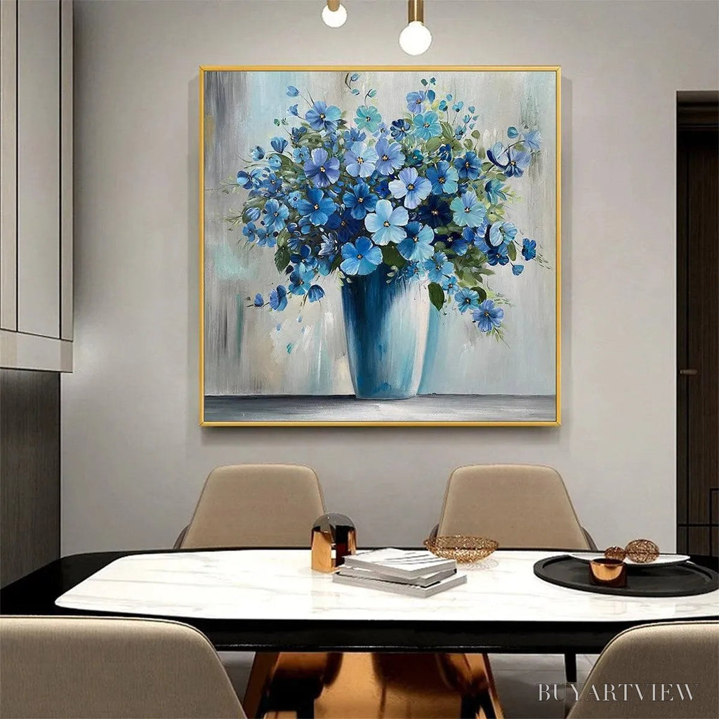 ARTOVITAS Blue Serenity – Blue Floral Painting, Square Canvas Art, Still Life Wall Decor, Calming Artwork - image 6
