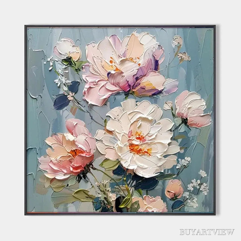 ARTOVITAS Pastel Peonies – Textured Peony Painting, Impasto Floral , Square Canvas, Romantic Decor - image 1