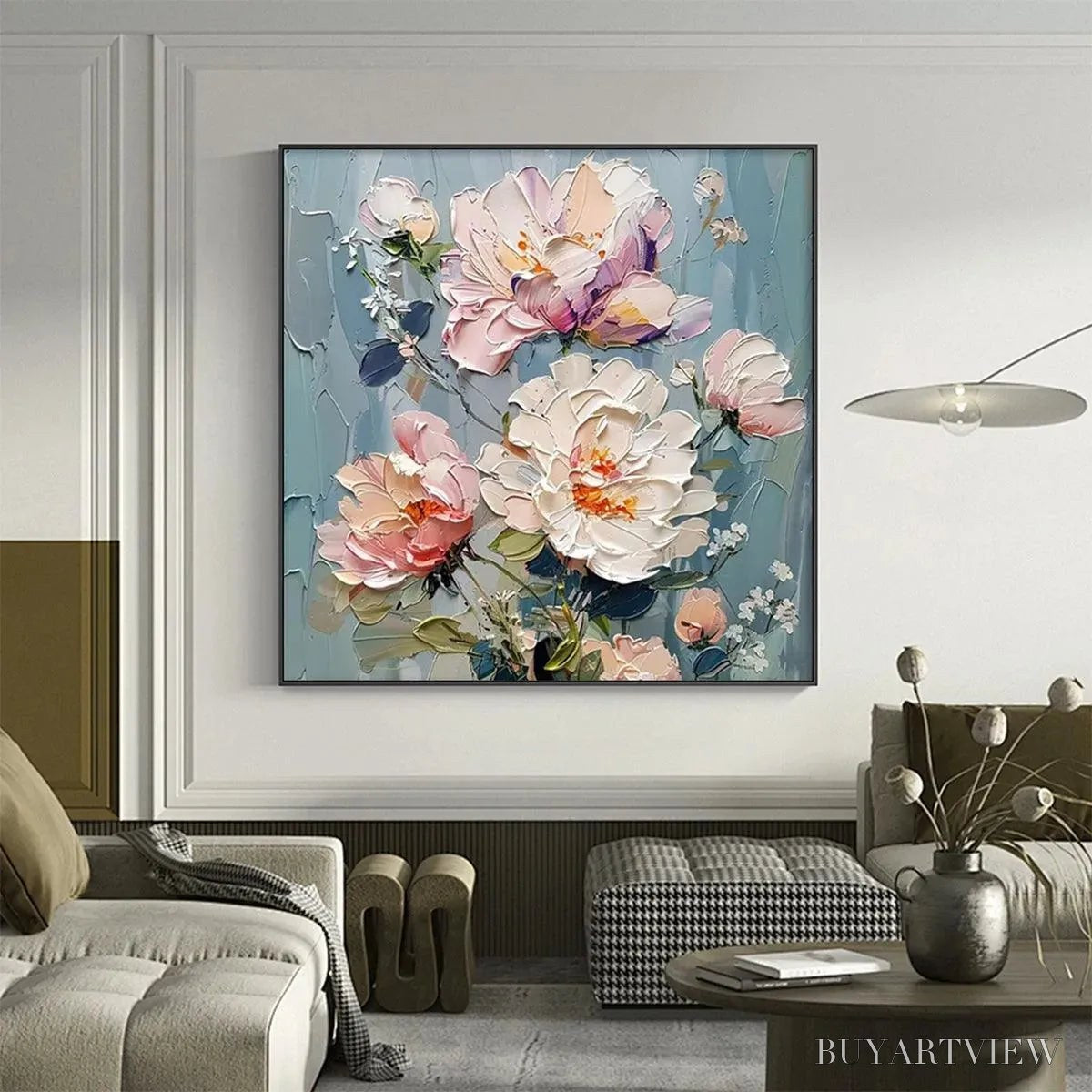 ARTOVITAS Pastel Peonies – Textured Peony Painting, Impasto Floral , Square Canvas, Romantic Decor - image 2