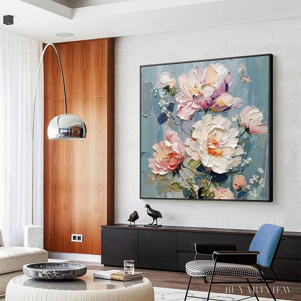 ARTOVITAS Pastel Peonies – Textured Peony Painting, Impasto Floral , Square Canvas, Romantic Decor - image 4