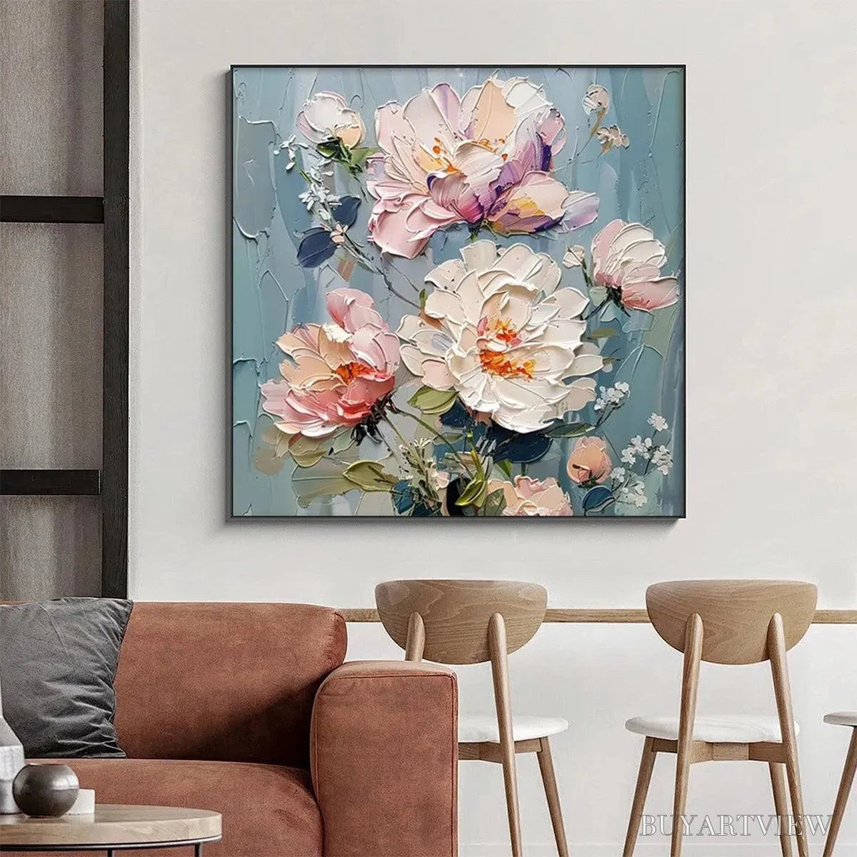 ARTOVITAS Pastel Peonies – Textured Peony Painting, Impasto Floral , Square Canvas, Romantic Decor - image 5