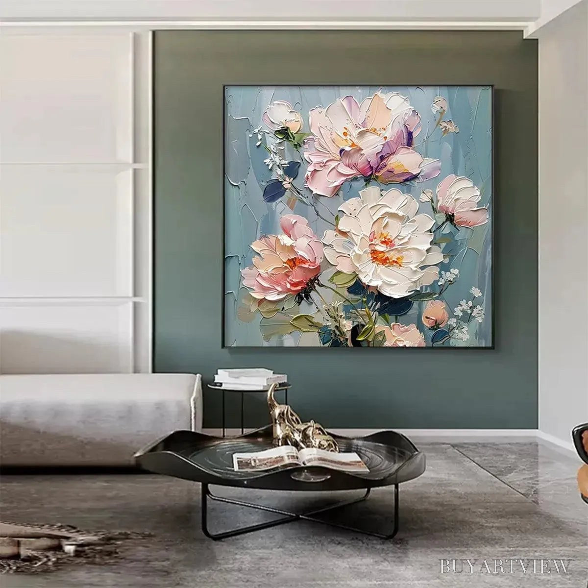 ARTOVITAS Pastel Peonies – Textured Peony Painting, Impasto Floral , Square Canvas, Romantic Decor - image 6