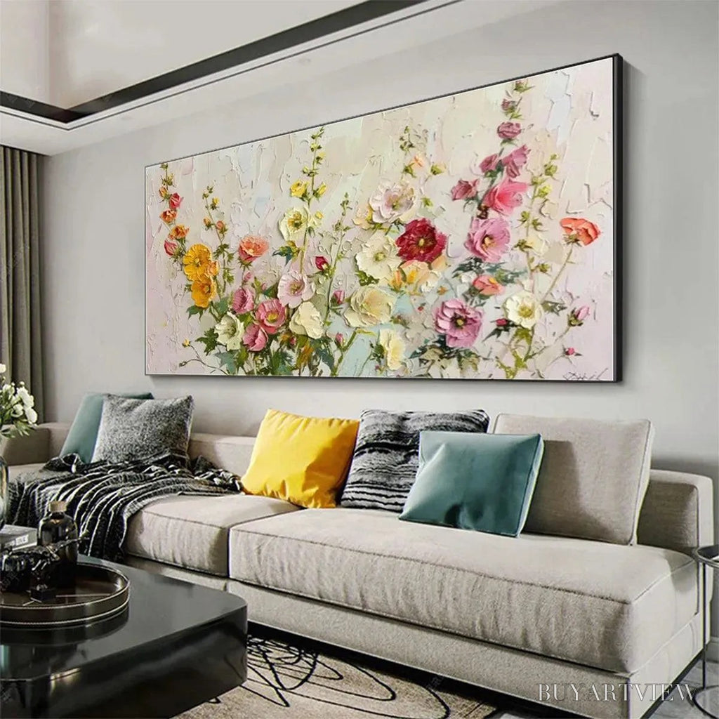ARTOVITAS Summer Bouquet – Textured Floral Painting, Impasto , Panoramic Canvas, Colorful Decor - image 6