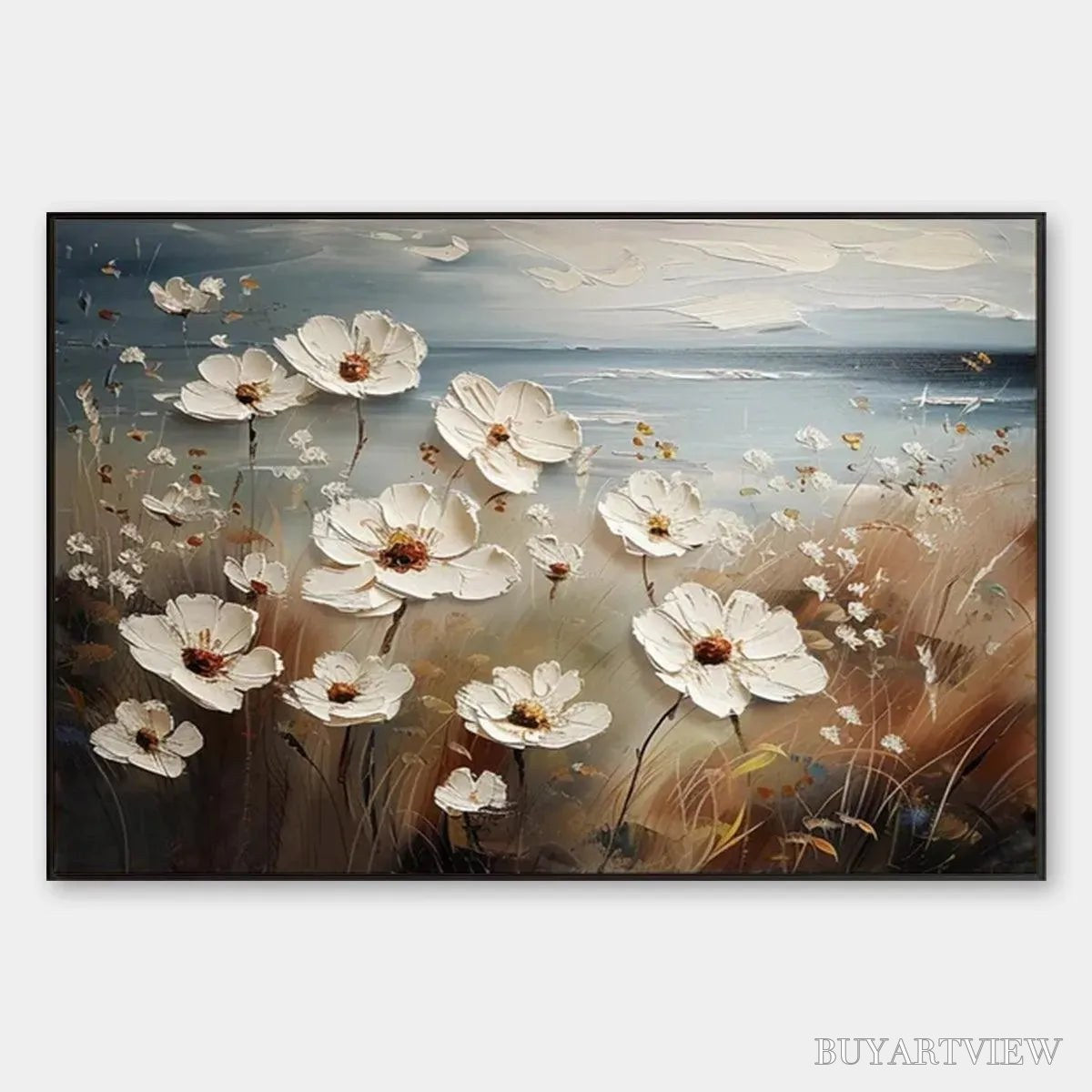 ARTOVITAS Seaside Blossoms – Textured Floral Painting, Impasto , Horizontal Canvas, Coastal Decor - image 1