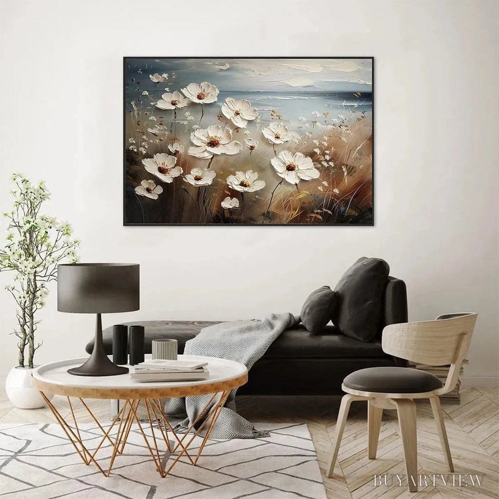ARTOVITAS Seaside Blossoms – Textured Floral Painting, Impasto , Horizontal Canvas, Coastal Decor - image 4