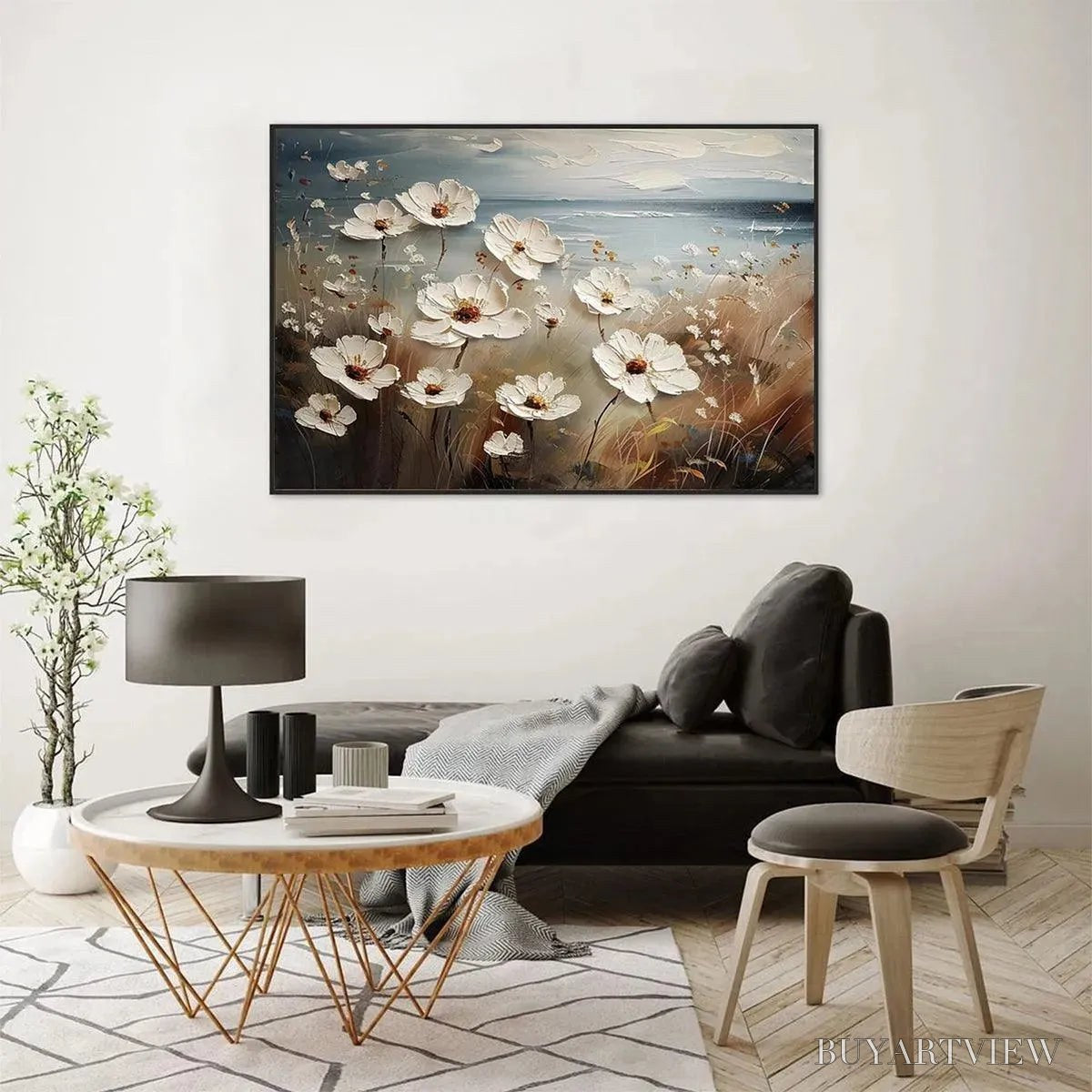 ARTOVITAS Seaside Blossoms – Textured Floral Painting, Impasto , Horizontal Canvas, Coastal Decor - image 4