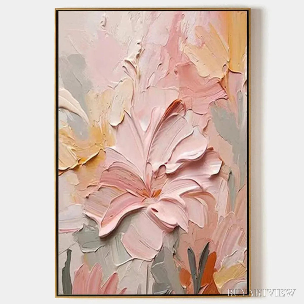 ARTOVITAS Blushing Blooms – Textured Floral Painting, Pink and Peach , Vertical Canvas, Impasto Decor - image 1