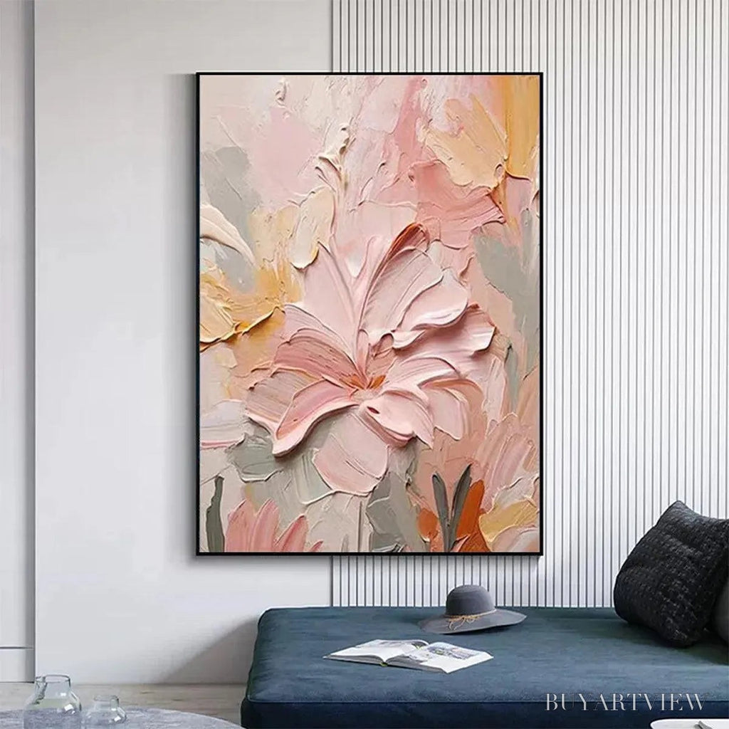 ARTOVITAS Blushing Blooms – Textured Floral Painting, Pink and Peach , Vertical Canvas, Impasto Decor - image 2
