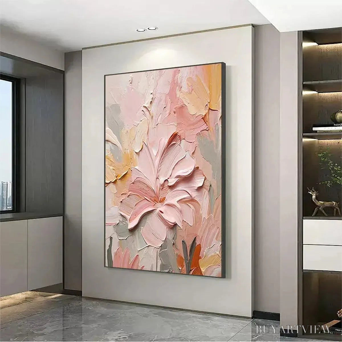 ARTOVITAS Blushing Blooms – Textured Floral Painting, Pink and Peach , Vertical Canvas, Impasto Decor - image 4