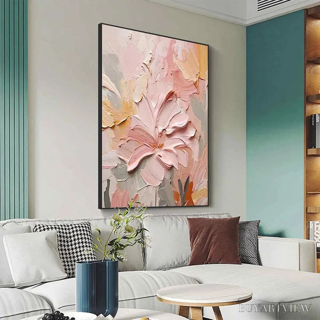 ARTOVITAS Blushing Blooms – Textured Floral Painting, Pink and Peach , Vertical Canvas, Impasto Decor - image 5
