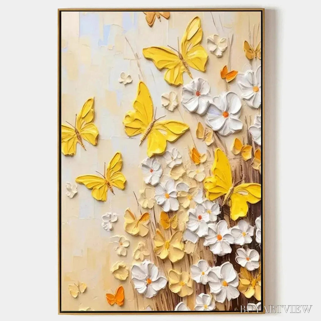 ARTOVITAS Golden Butterflies – Textured Butterfly and Floral Painting, Yellow and White , Vertical Canvas, Impasto Decor - image 1