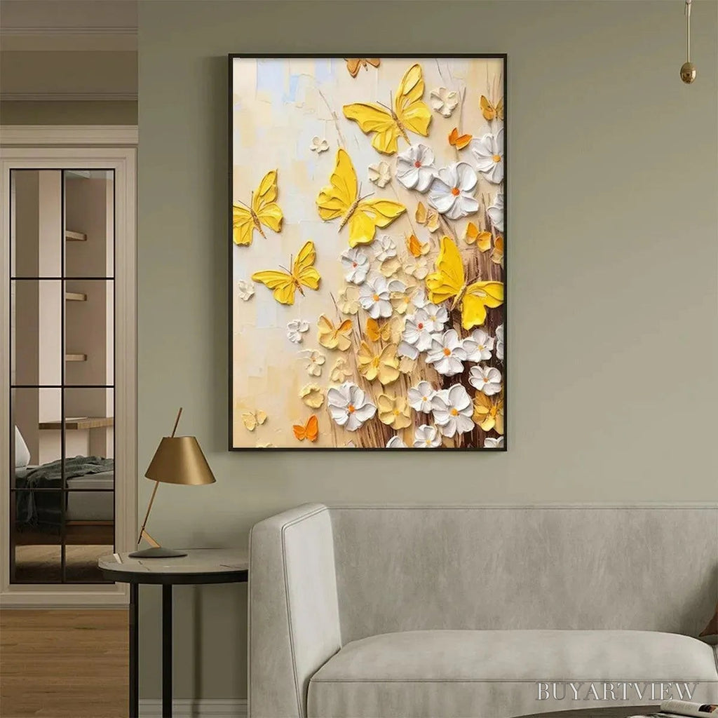 ARTOVITAS Golden Butterflies – Textured Butterfly and Floral Painting, Yellow and White , Vertical Canvas, Impasto Decor - image 2