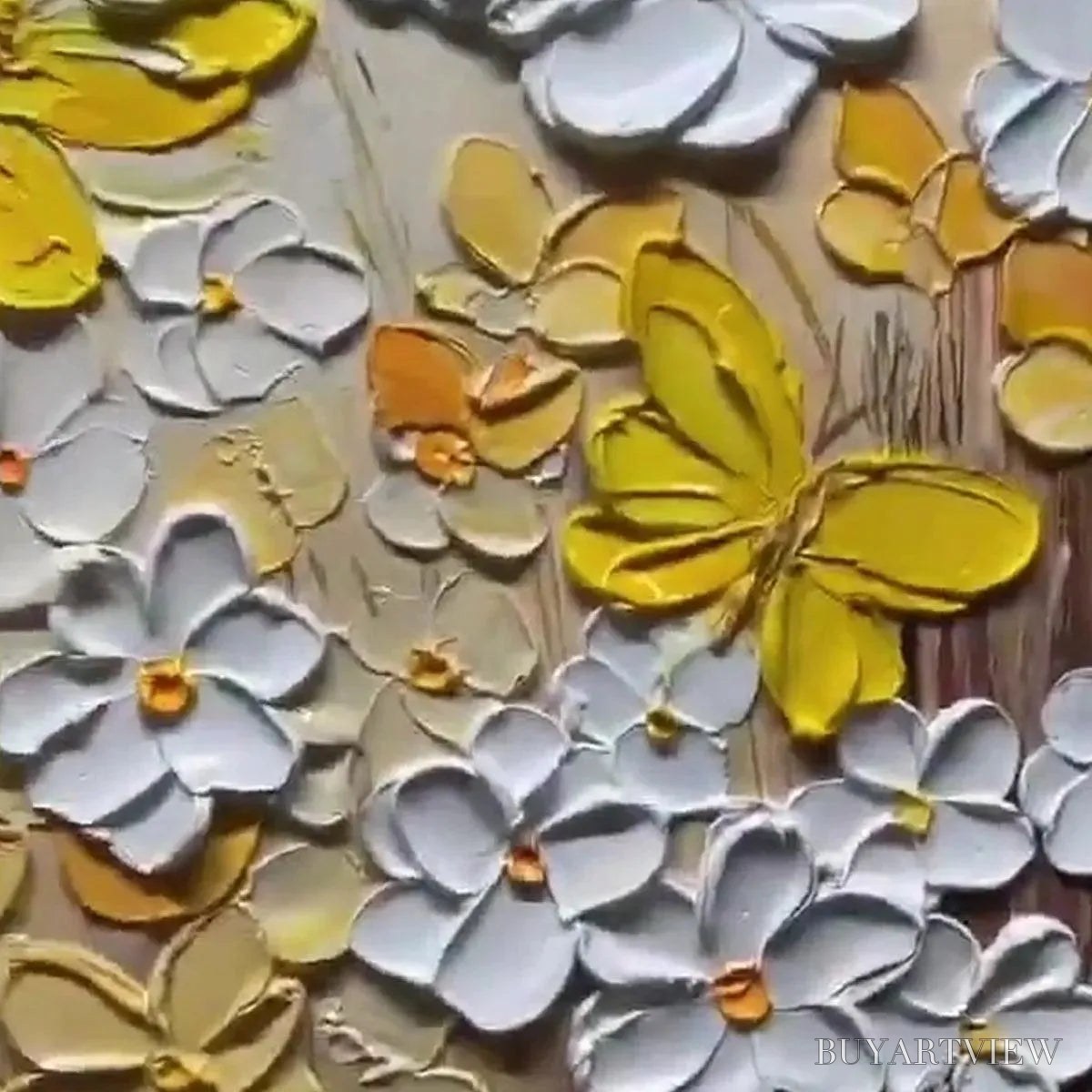 ARTOVITAS Golden Butterflies – Textured Butterfly and Floral Painting, Yellow and White , Vertical Canvas, Impasto Decor - image 3