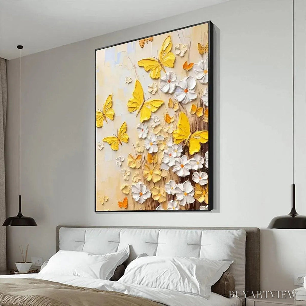 ARTOVITAS Golden Butterflies – Textured Butterfly and Floral Painting, Yellow and White , Vertical Canvas, Impasto Decor - image 4