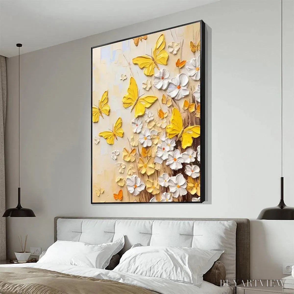 ARTOVITAS Golden Butterflies – Textured Butterfly and Floral Painting, Yellow and White , Vertical Canvas, Impasto Decor - image 4