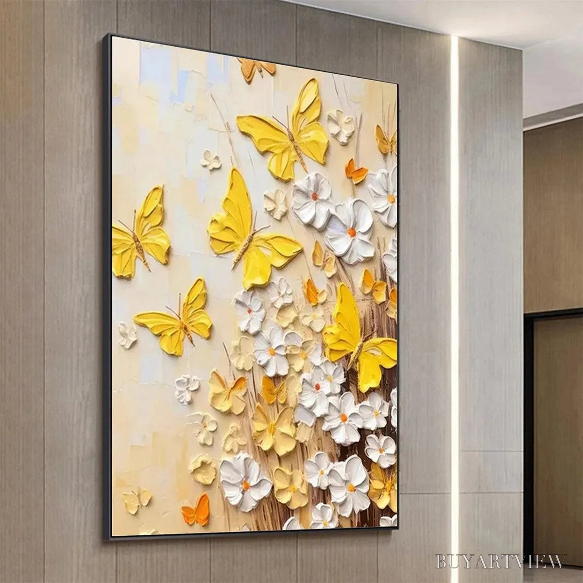 ARTOVITAS Golden Butterflies – Textured Butterfly and Floral Painting, Yellow and White , Vertical Canvas, Impasto Decor - image 5