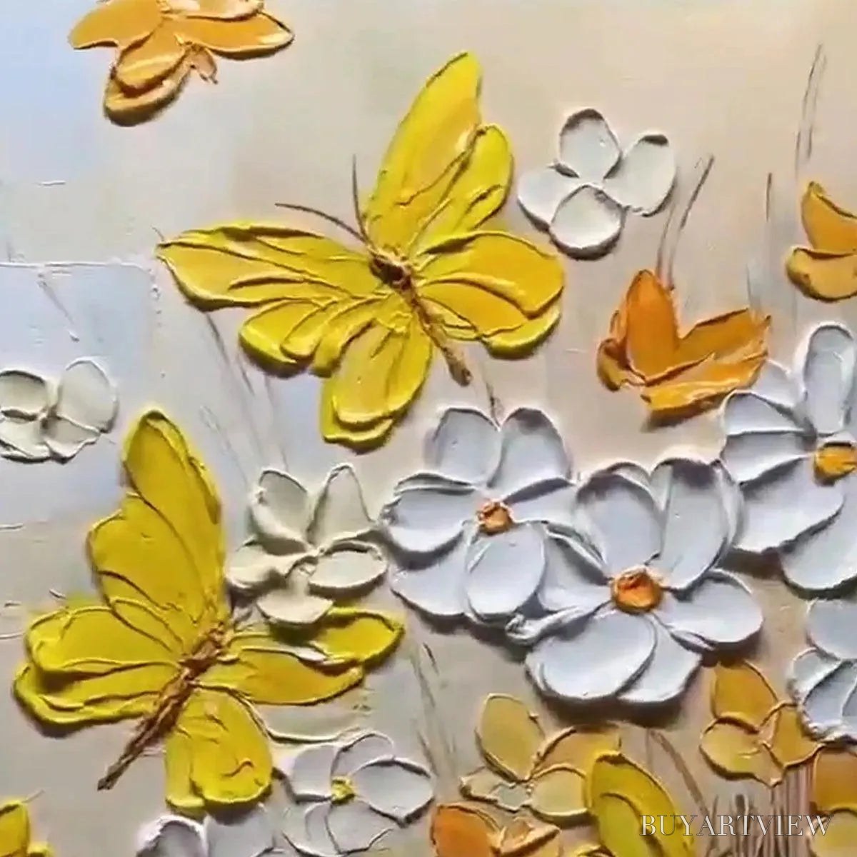 ARTOVITAS Golden Butterflies – Textured Butterfly and Floral Painting, Yellow and White , Vertical Canvas, Impasto Decor - image 6