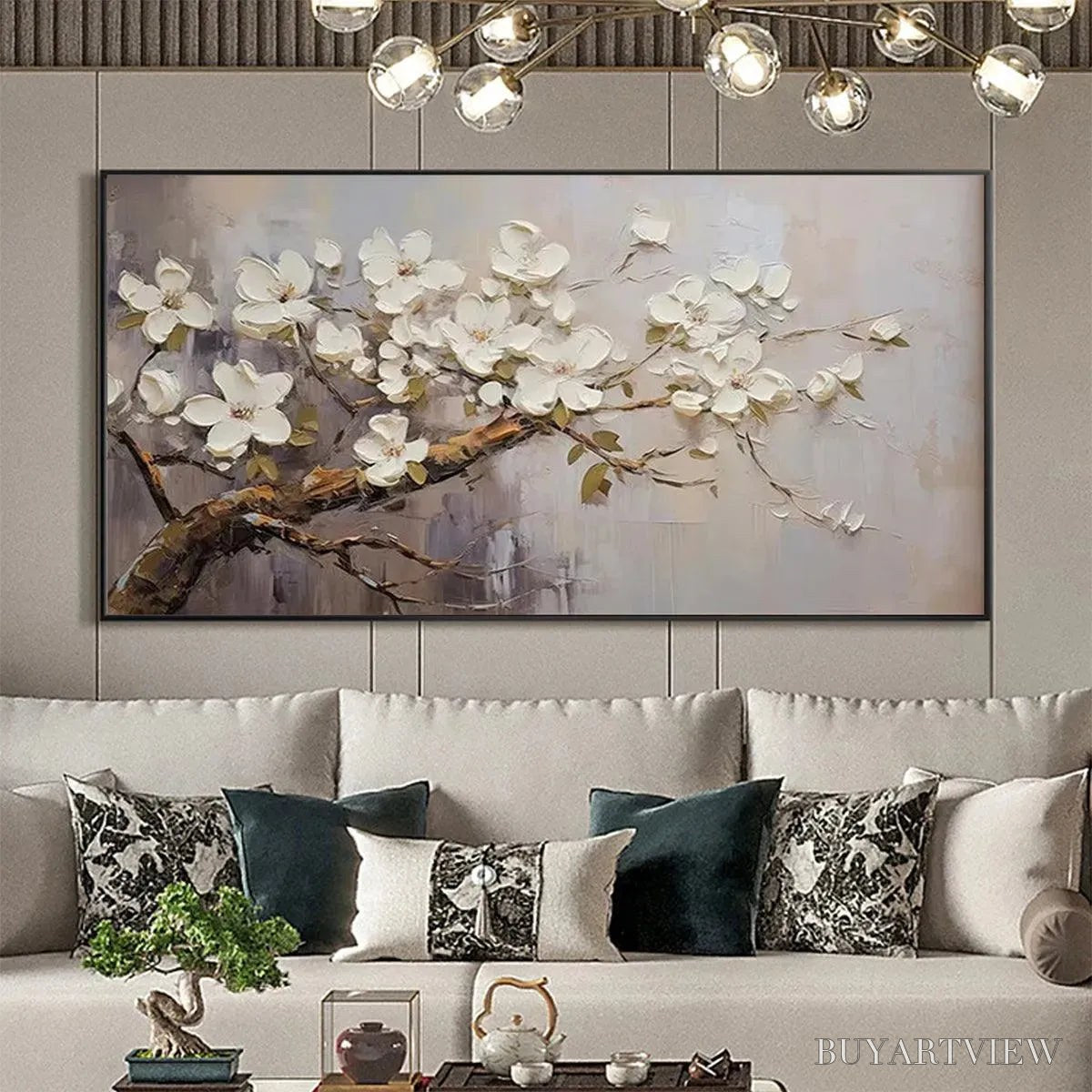 ARTOVITAS White Blossoms – Textured Floral Painting, White Flower , Panoramic Canvas, Impressionist Decor - image 3