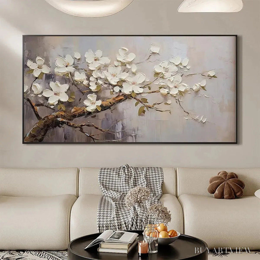 ARTOVITAS White Blossoms – Textured Floral Painting, White Flower , Panoramic Canvas, Impressionist Decor - image 4