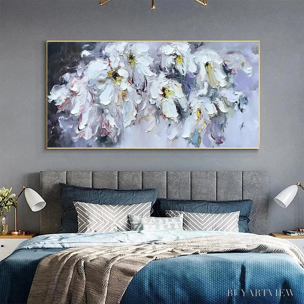 ARTOVITAS White Petal Dream – Floral Painting, Impasto, Textured , White Flowers, Panoramic - image 2